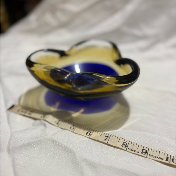 Vintage Glass Art Elegant Blue and Yellow Glass Bowl - Picture 3 of 5